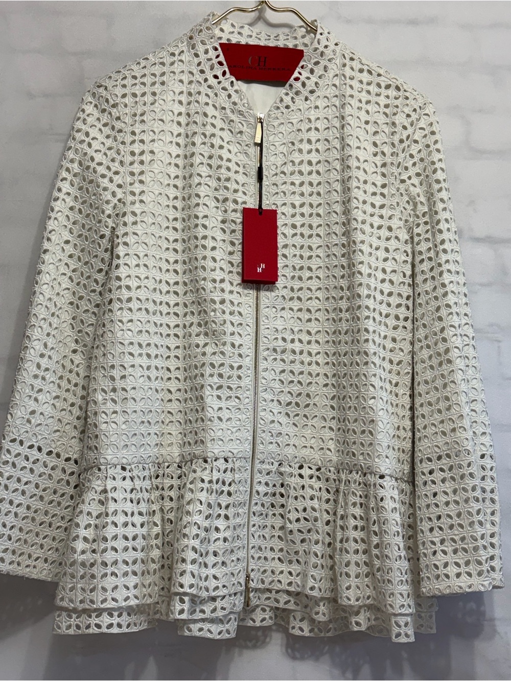 Carolina Herrera Ivory Eyelet Peplum Zip Blazer